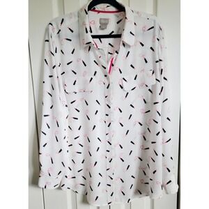 Chico's 3 Lipstick & Heart Shirt Size XL White Pink Long Sleeve Pocket‎ NEW